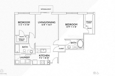 Floor plan for 2 beds, 2 baths, 1095 sqft
